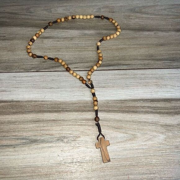 Rosary Necklace Religious Knotted Beads Brown/Tan Rosaries Rope String Necklace - Picture 1 of 6